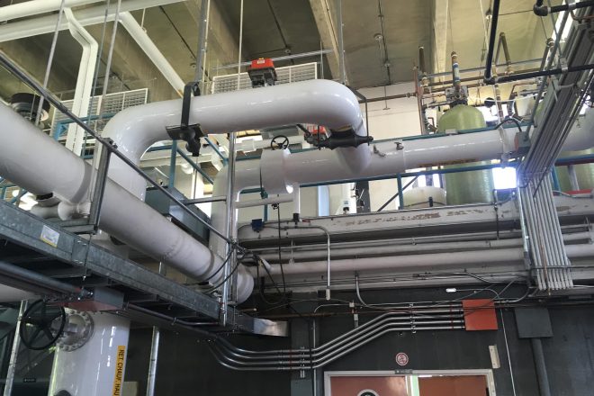 Industrial piping network in a thermal plant with insulation and control valves