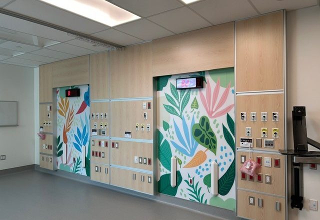 Modern hospital headwall at Fleurimont with integrated medical panels and calming floral artwork for patients