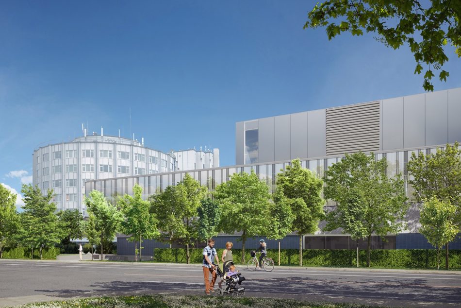 Vue extérieure de l’Hôpital Santa Cabrini à Montréal, avec son bâtiment d’origine à gauche et une nouvelle aile moderne à façade vitrée, entourée d’arbres et d’aménagements paysagers